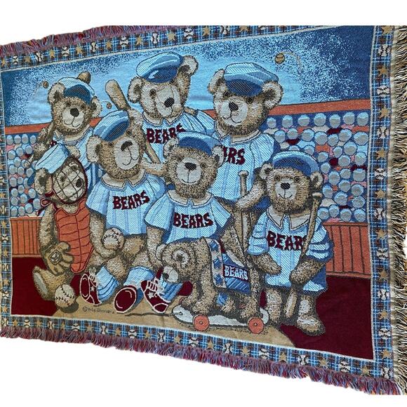 Goodwin Weavers Cotton Throw Afghan Fringe Bears Baseball Woven USA - Picture 1 of 7